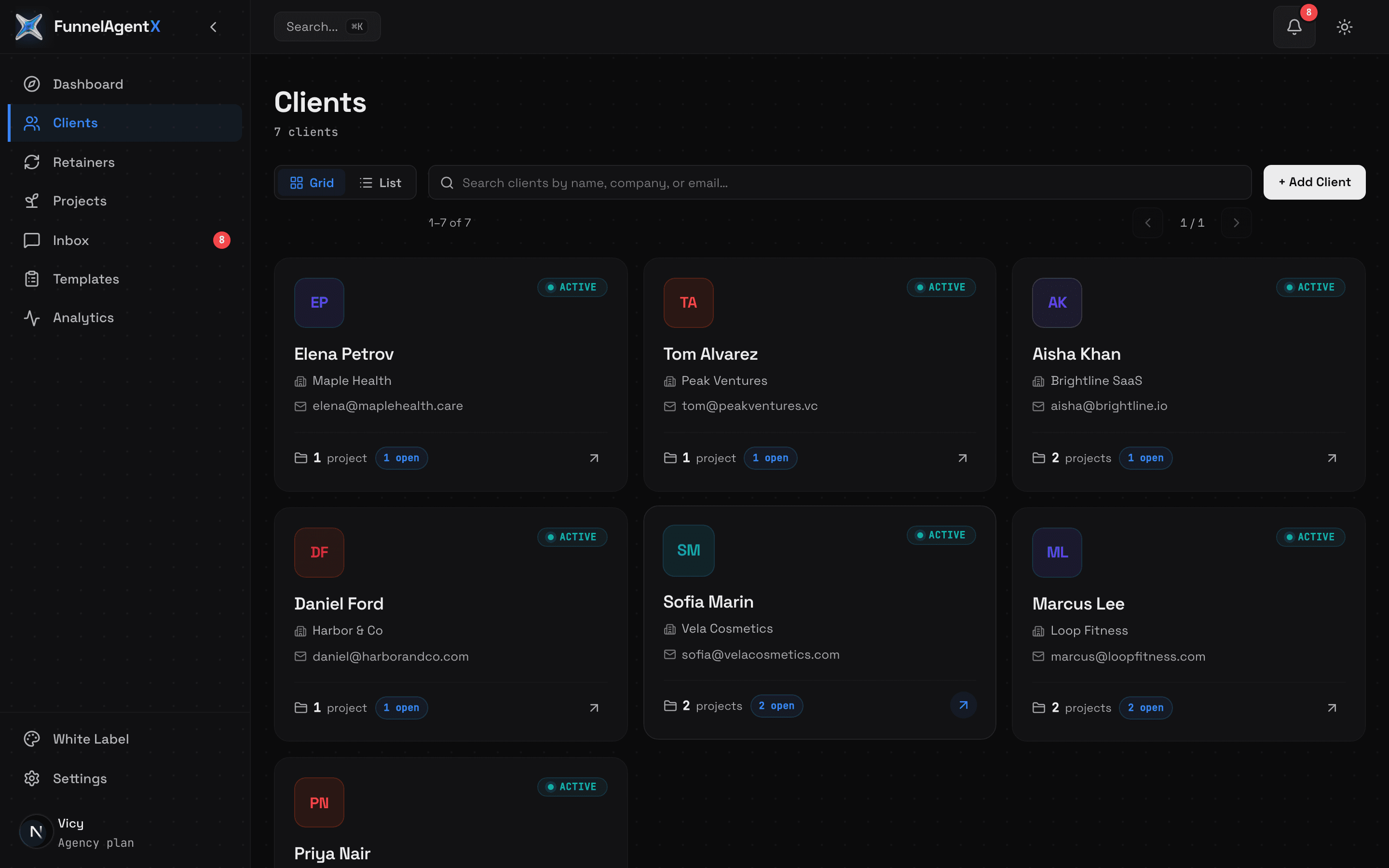 FunnelAgentX Clients directory screenshot