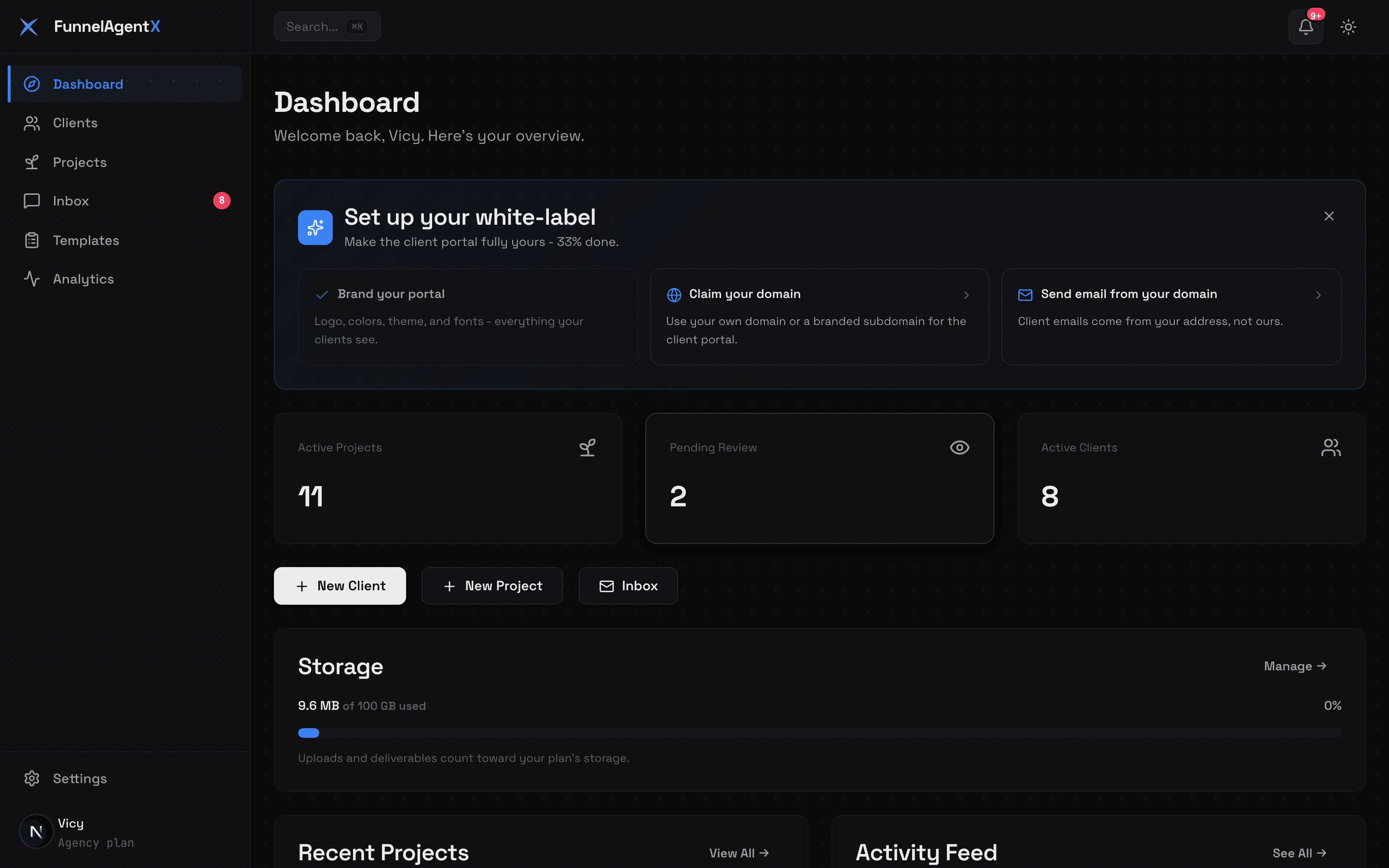 FunnelAgentX agency dashboard showing projects, storage, and white-label setup
