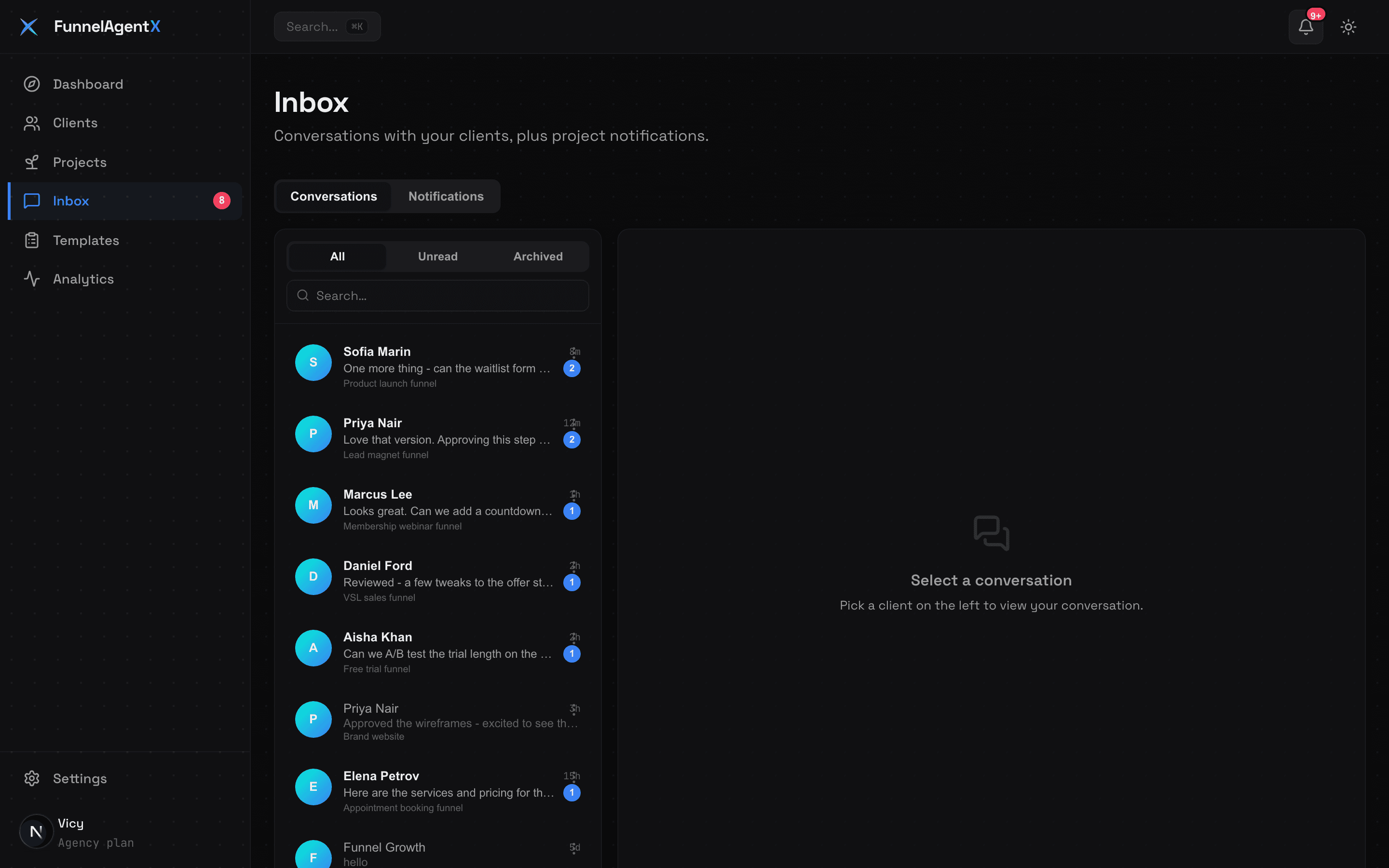 FunnelAgentX unified inbox with client conversations and search