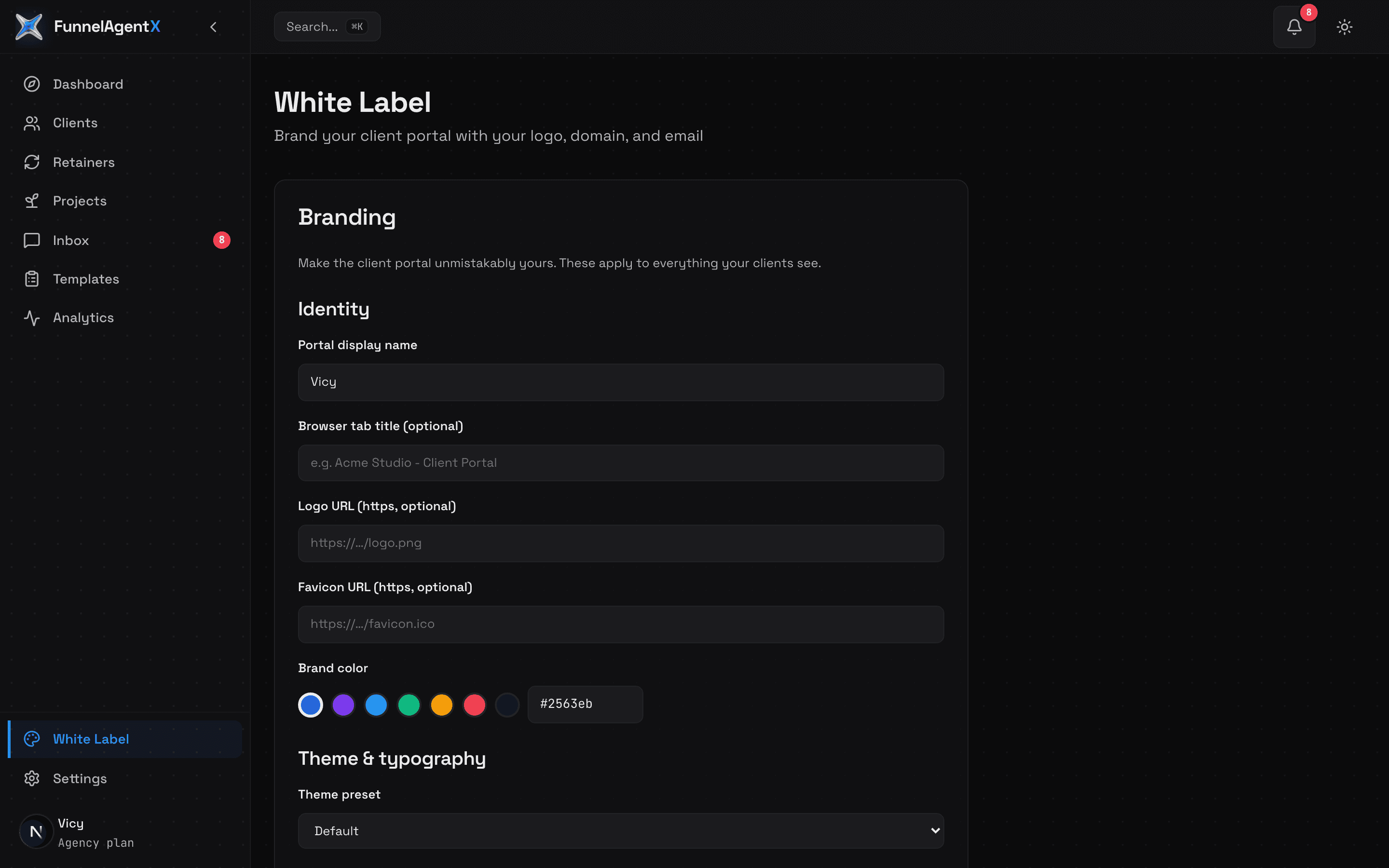 FunnelAgentX White-Label Branding settings screenshot